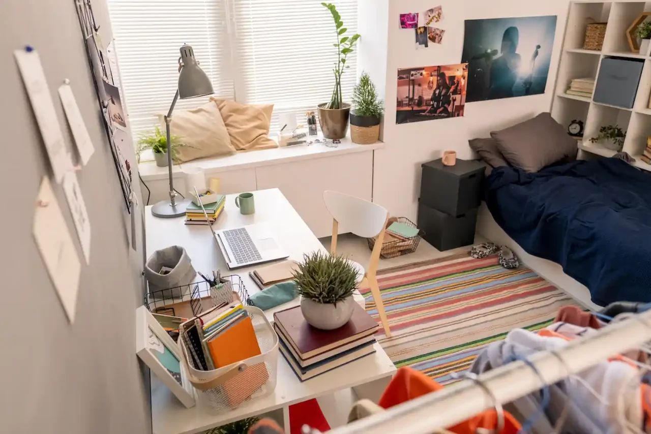 Part of the interior of the bedroom with bed, work place and other things.
