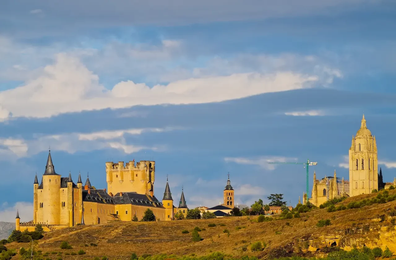 Segovia, view towards the old town with the famous Alcazar and the Cathedral.