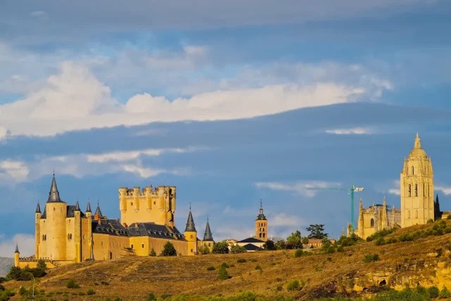 Segovia, view towards the old town with the famous Alcazar and the Cathedral.